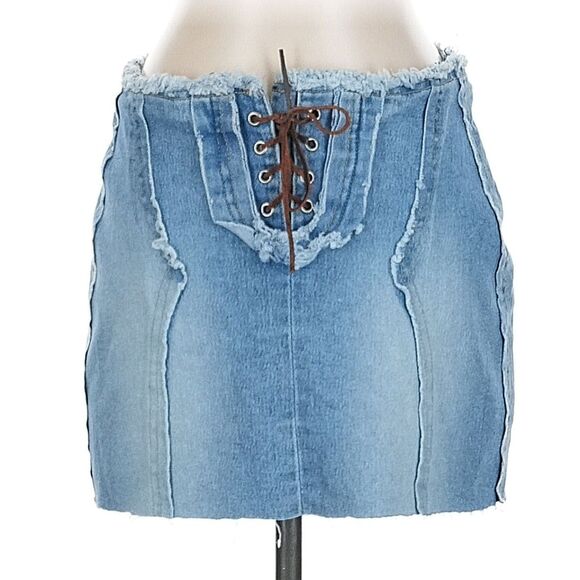 Vintage Y2K Lazer Jeans Micro Mini Skirt Denim Leather Lace Up Low Rise Size 3 - Picture 1 of 12